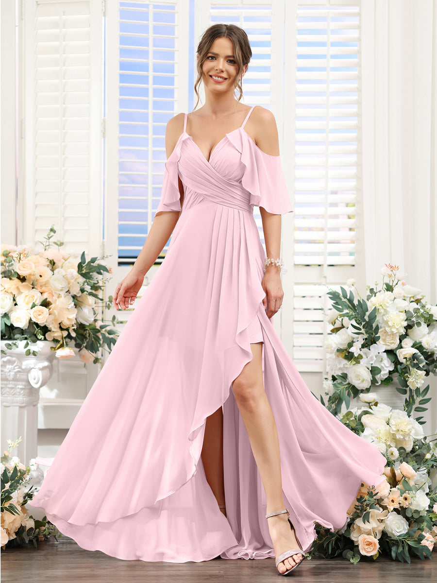 Vestidos de Dama de Honra Em Chiffon Assimétricos com Alças Finas e Decote Em V e Mangas Curtas