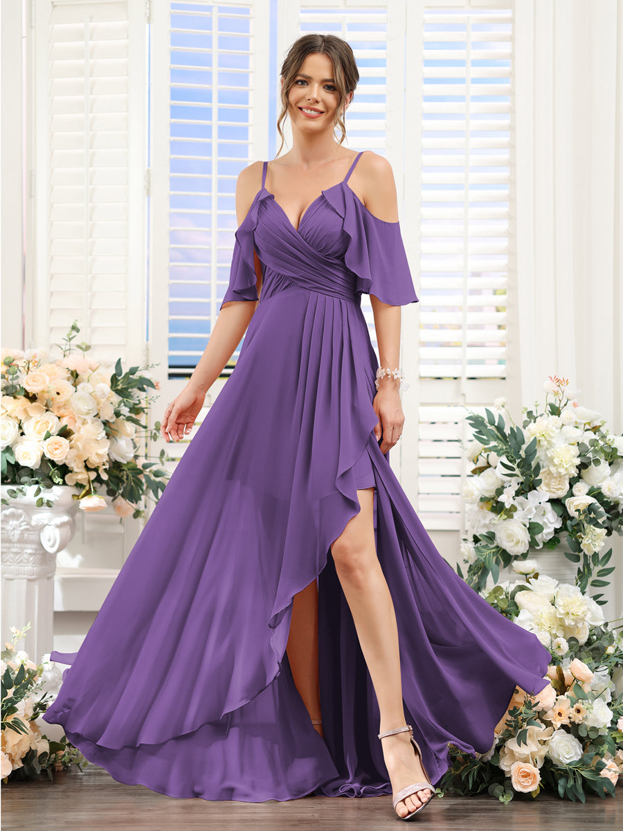 Vestidos de Dama de Honra Em Chiffon Assimétricos com Alças Finas e Decote Em V e Mangas Curtas