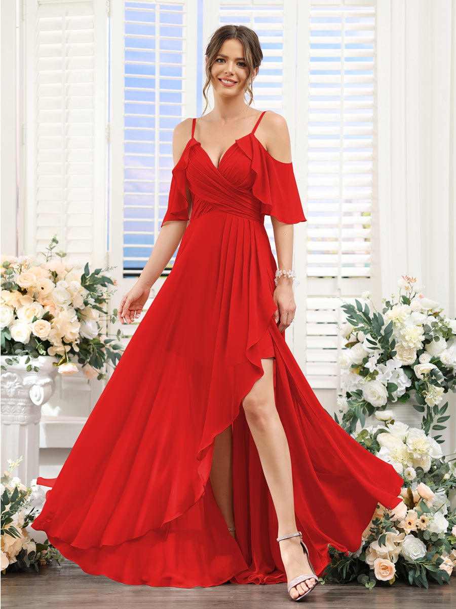 Vestidos de Dama de Honra Em Chiffon Assimétricos com Alças Finas e Decote Em V e Mangas Curtas