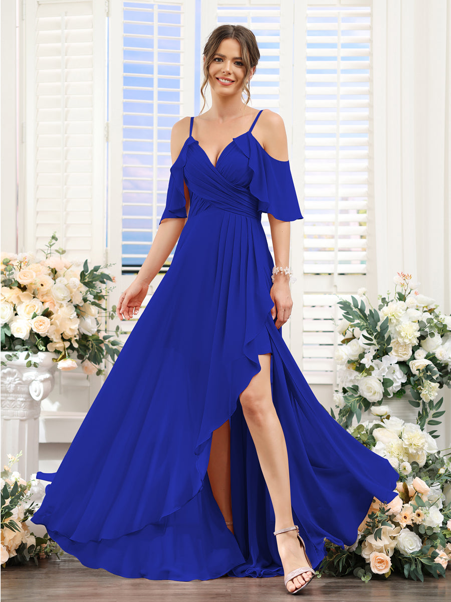 Vestidos de Dama de Honra Em Chiffon Assimétricos com Alças Finas e Decote Em V e Mangas Curtas