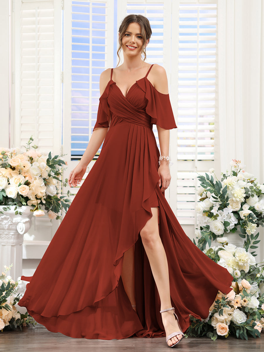 Vestidos de Dama de Honra Em Chiffon Assimétricos com Alças Finas e Decote Em V e Mangas Curtas