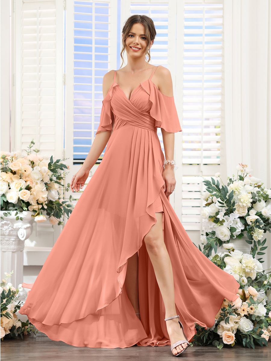 Vestidos de Dama de Honra Em Chiffon Assimétricos com Alças Finas e Decote Em V e Mangas Curtas
