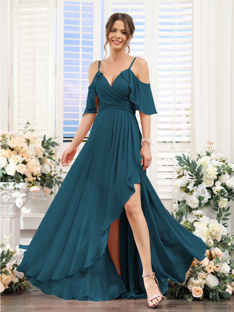 Vestidos de Dama de Honra Em Chiffon Assimétricos com Alças Finas e Decote Em V e Mangas Curtas