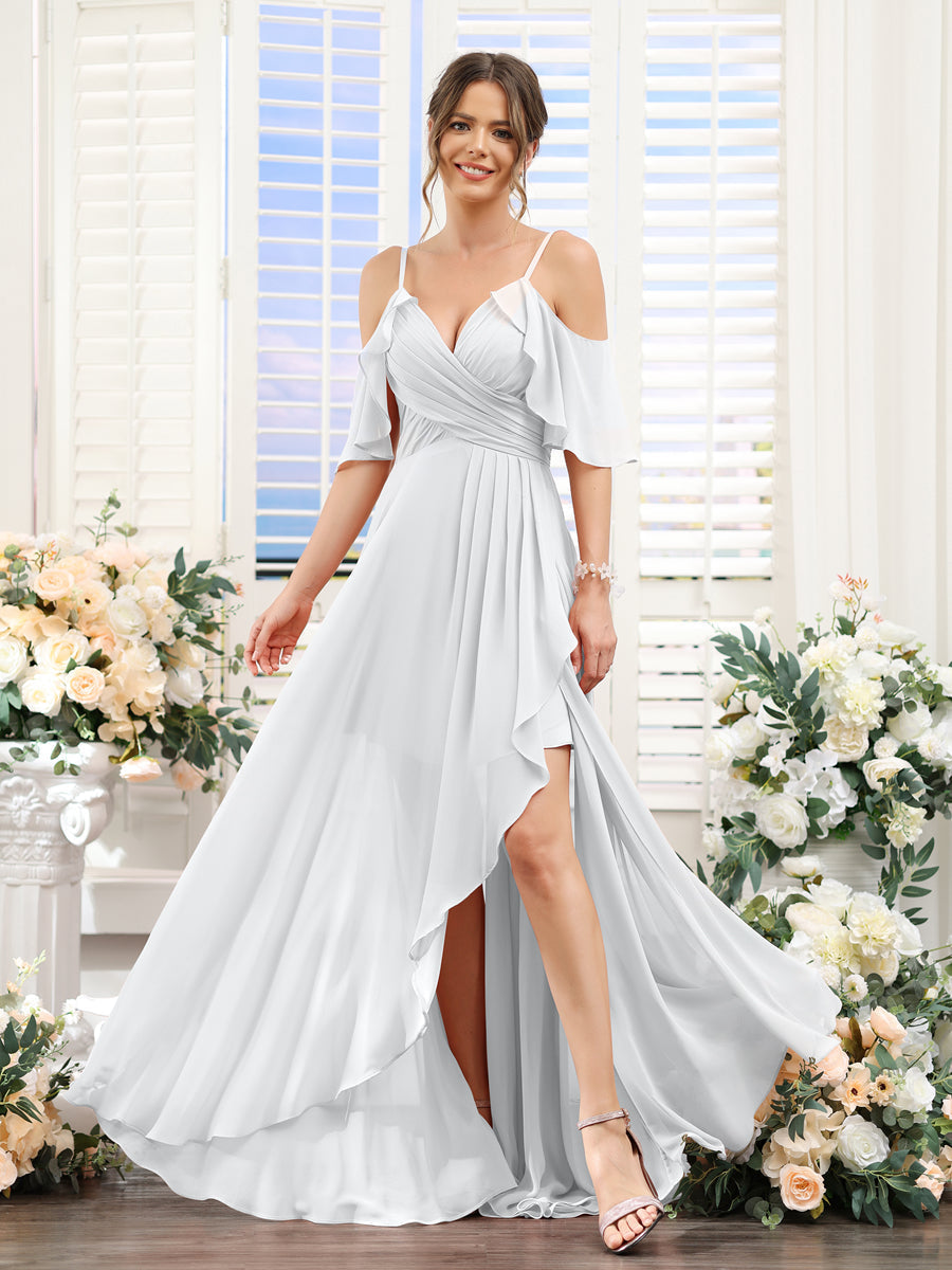 Vestidos de Dama de Honra Em Chiffon Assimétricos com Alças Finas e Decote Em V e Mangas Curtas
