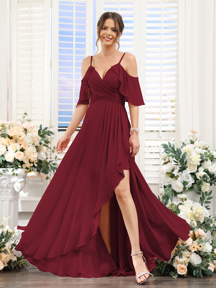 Vestidos de Dama de Honra Em Chiffon Assimétricos com Alças Finas e Decote Em V e Mangas Curtas