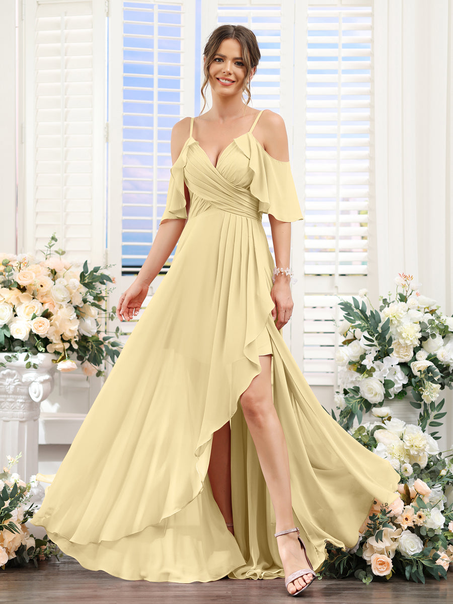 Vestidos de Dama de Honra Em Chiffon Assimétricos com Alças Finas e Decote Em V e Mangas Curtas