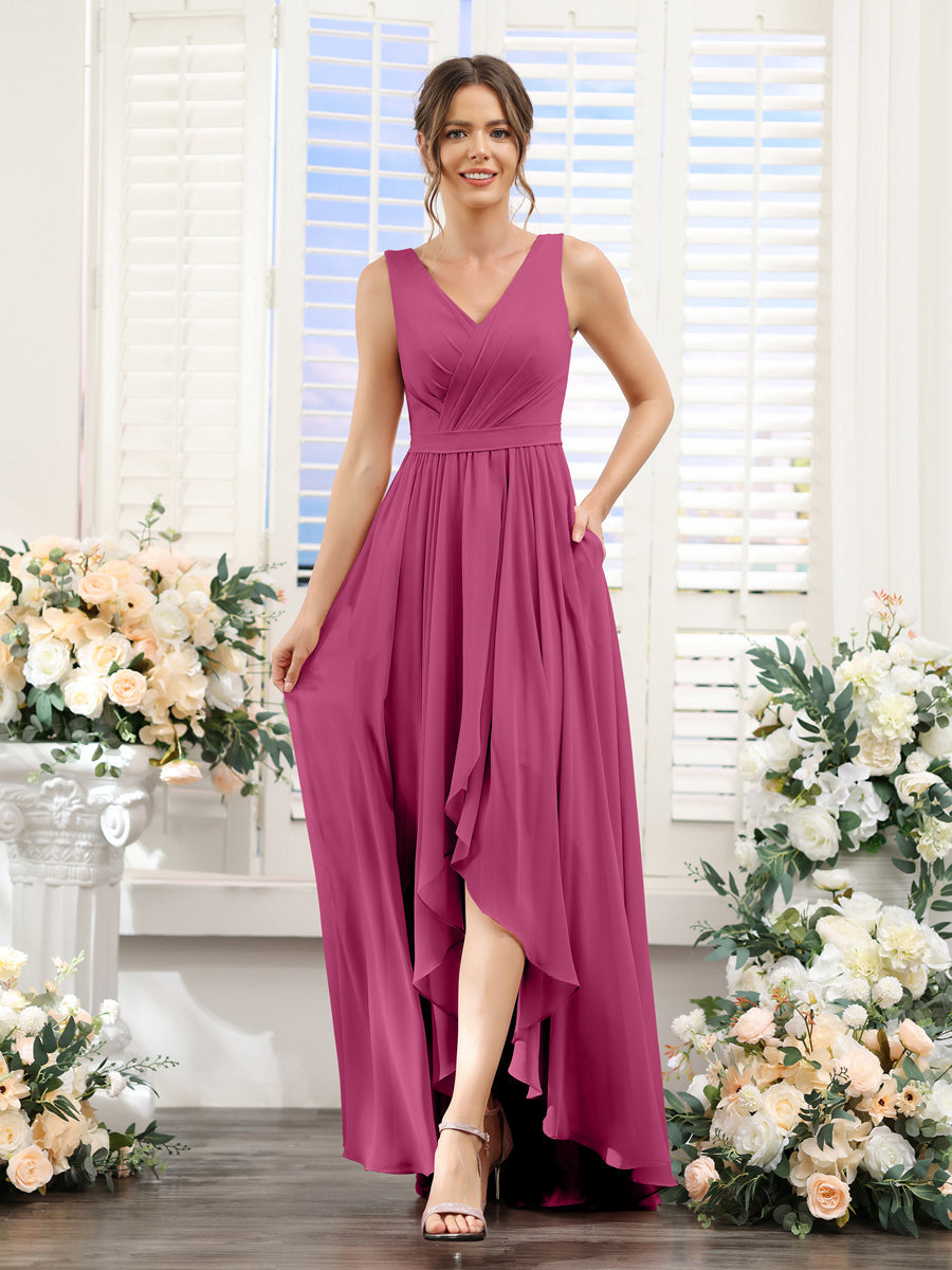 Vestidos de Dama de Honra Em Chiffon Assimétricos com Decote Em V Sem Mangas Franzidos