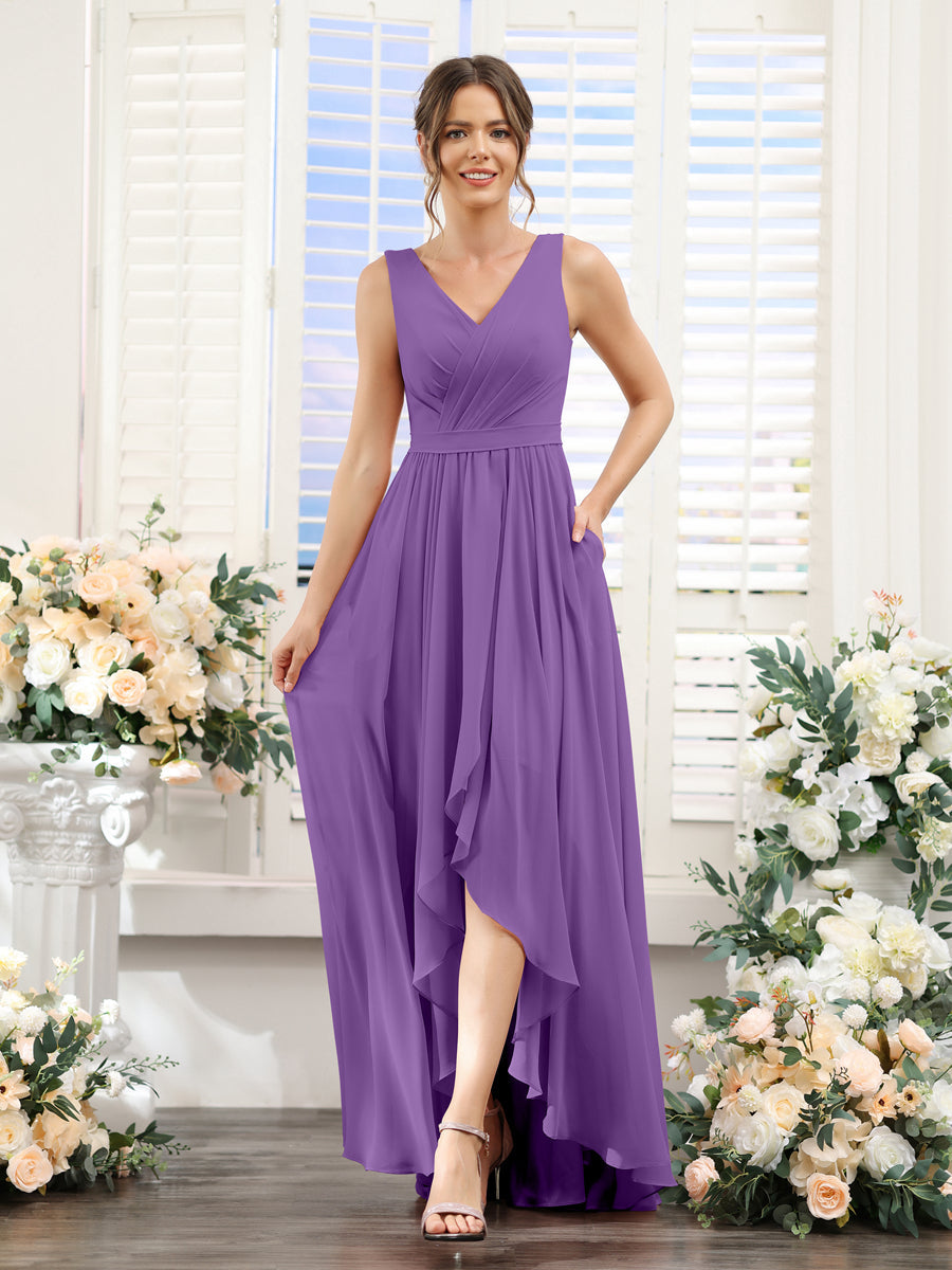 Vestidos de Dama de Honra Em Chiffon Assimétricos com Decote Em V Sem Mangas Franzidos