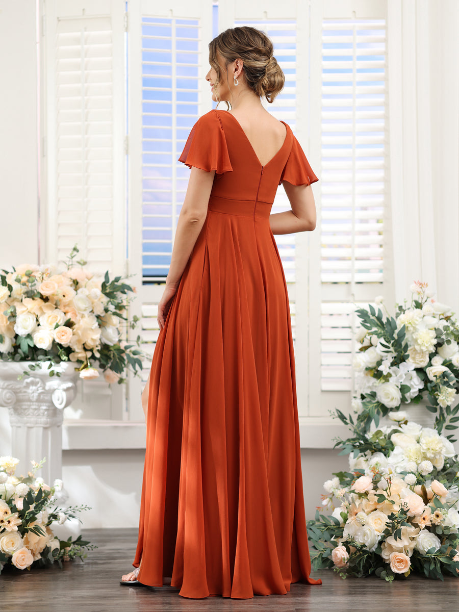 Vestidos de Dama de Honra Em Chiffon com Babados e Mangas Curtas com Decote Em V Evasê