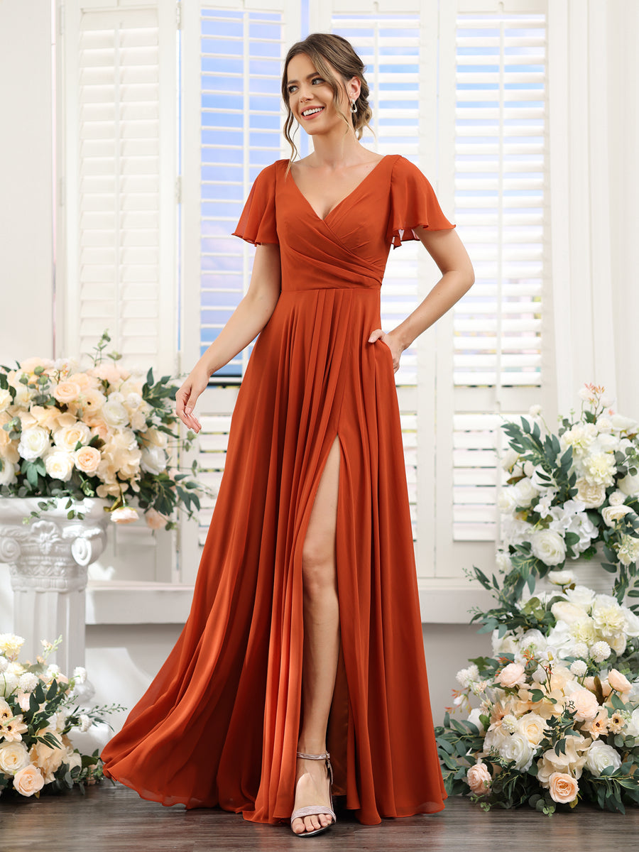Vestidos de Dama de Honra Em Chiffon com Babados e Mangas Curtas com Decote Em V Evasê