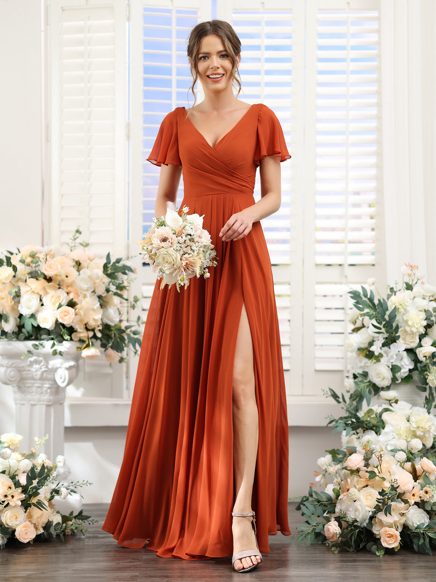 Vestidos de Dama de Honra Em Chiffon com Babados e Mangas Curtas com Decote Em V Evasê