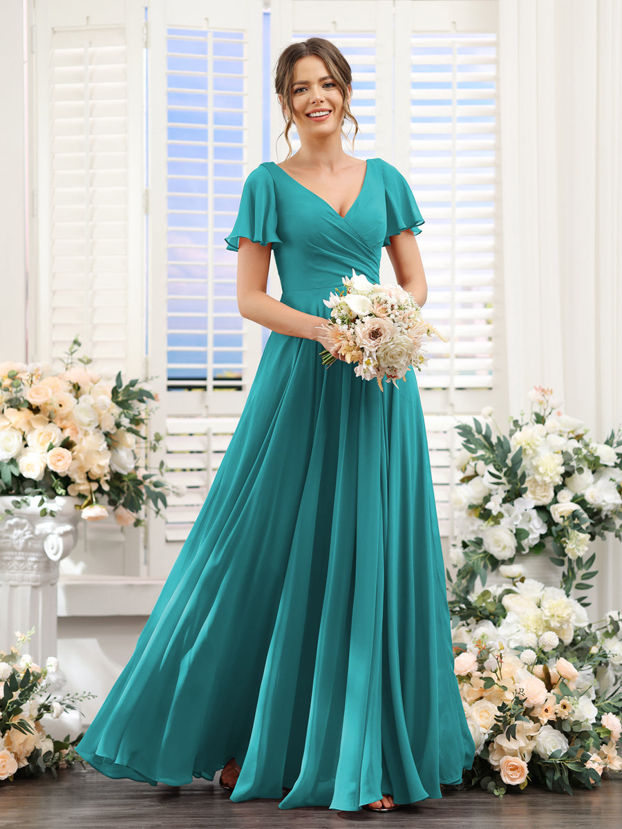 Vestidos de Dama de Honra Em Chiffon com Babados e Mangas Curtas com Decote Em V Evasê