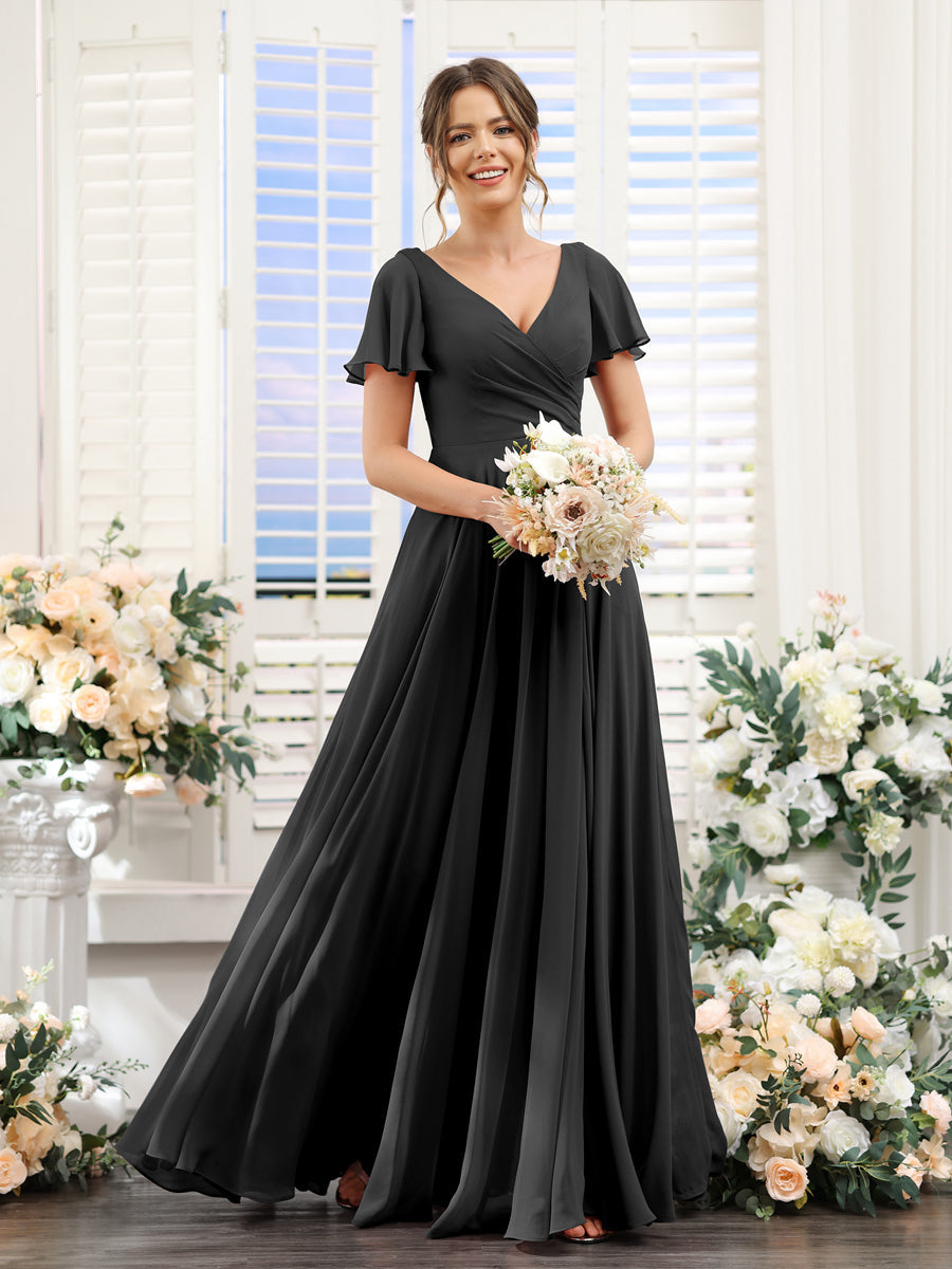 Vestidos de Dama de Honra Em Chiffon com Babados e Mangas Curtas com Decote Em V Evasê