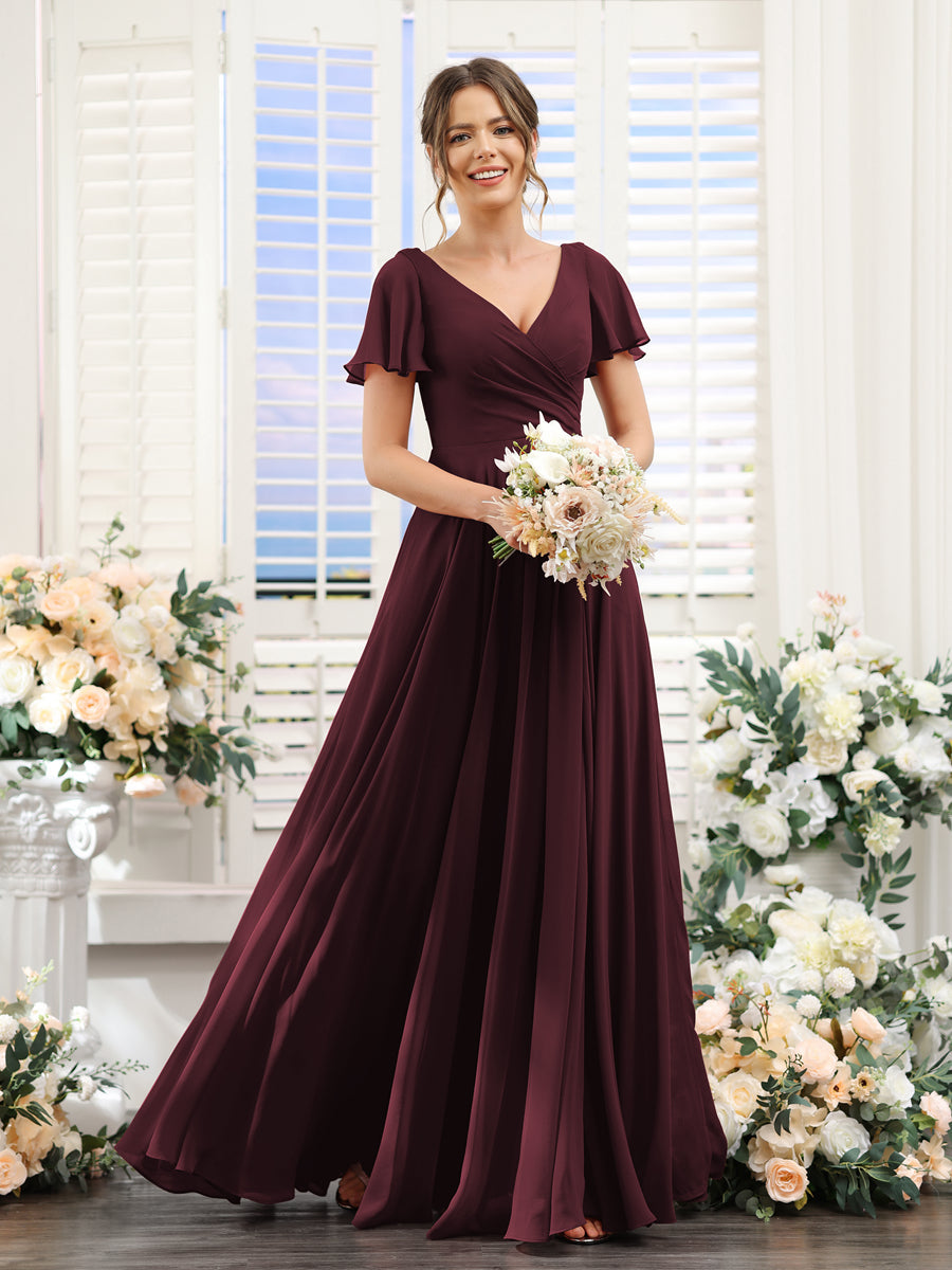 Vestidos de Dama de Honra Em Chiffon com Babados e Mangas Curtas com Decote Em V Evasê
