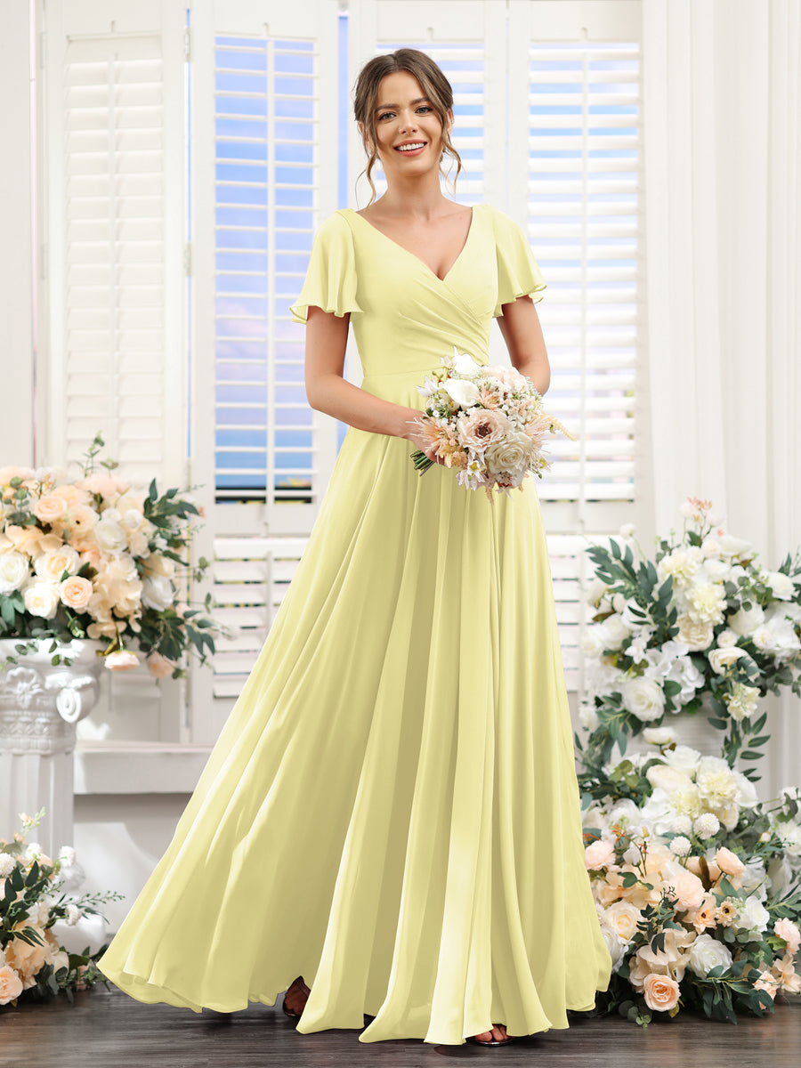 Vestidos de Dama de Honra Em Chiffon com Babados e Mangas Curtas com Decote Em V Evasê