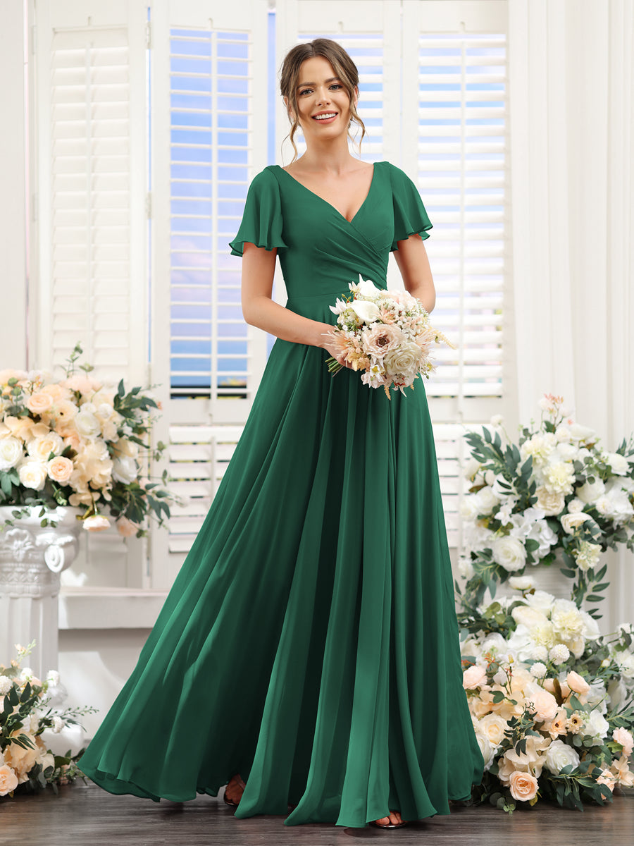Vestidos de Dama de Honra Em Chiffon com Babados e Mangas Curtas com Decote Em V Evasê