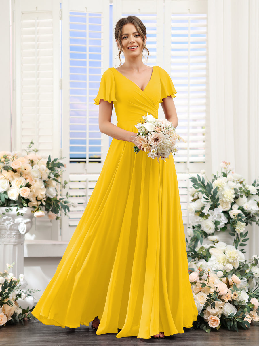 Vestidos de Dama de Honra Em Chiffon com Babados e Mangas Curtas com Decote Em V Evasê