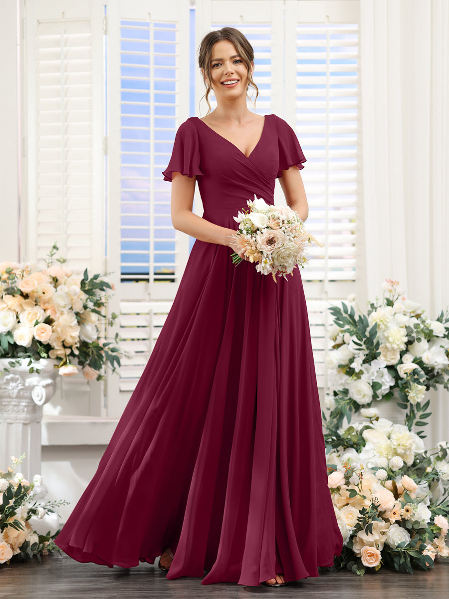 Vestidos de Dama de Honra Em Chiffon com Babados e Mangas Curtas com Decote Em V Evasê