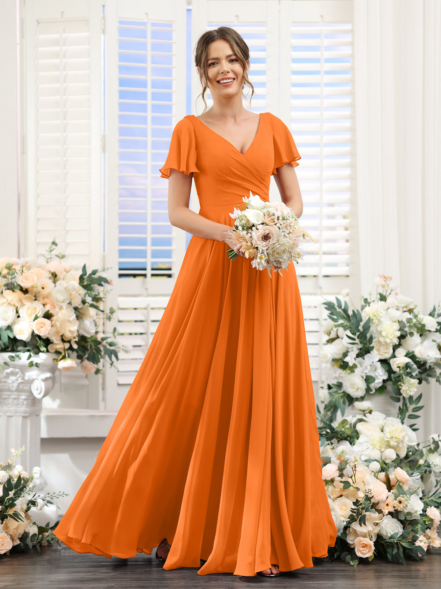 Vestidos de Dama de Honra Em Chiffon com Babados e Mangas Curtas com Decote Em V Evasê