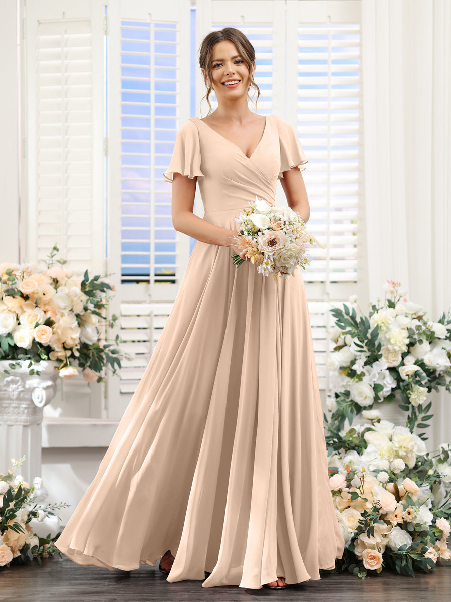Vestidos de Dama de Honra Em Chiffon com Babados e Mangas Curtas com Decote Em V Evasê