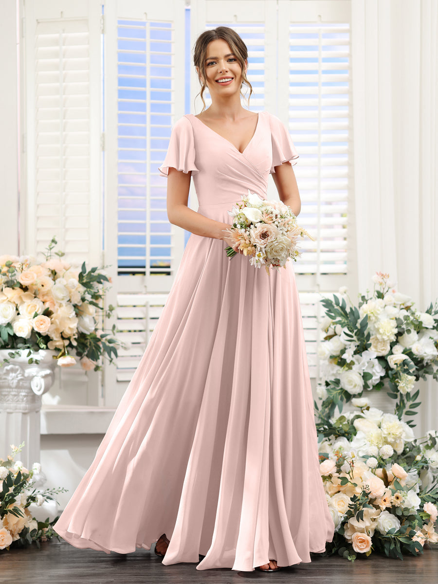 Vestidos de Dama de Honra Em Chiffon com Babados e Mangas Curtas com Decote Em V Evasê