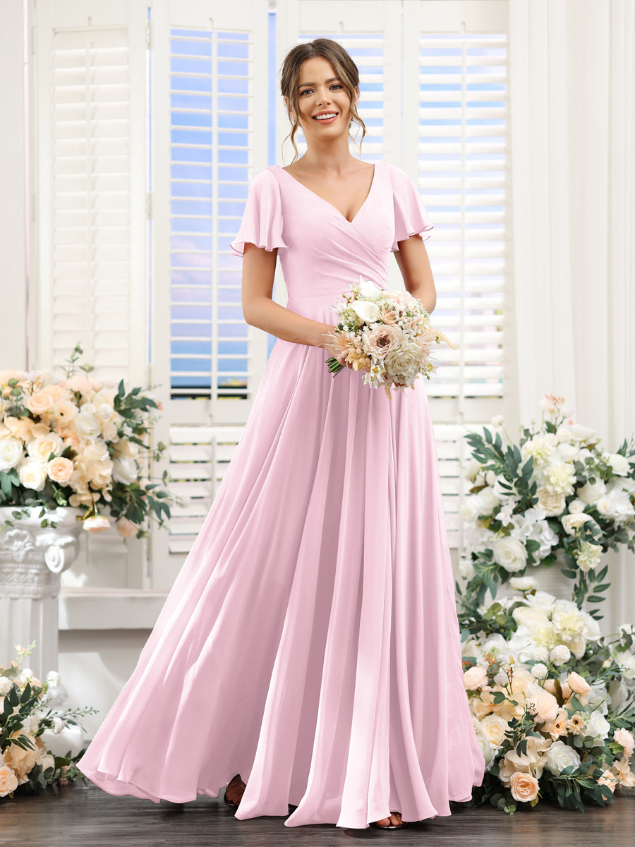 Vestidos de Dama de Honra Em Chiffon com Babados e Mangas Curtas com Decote Em V Evasê