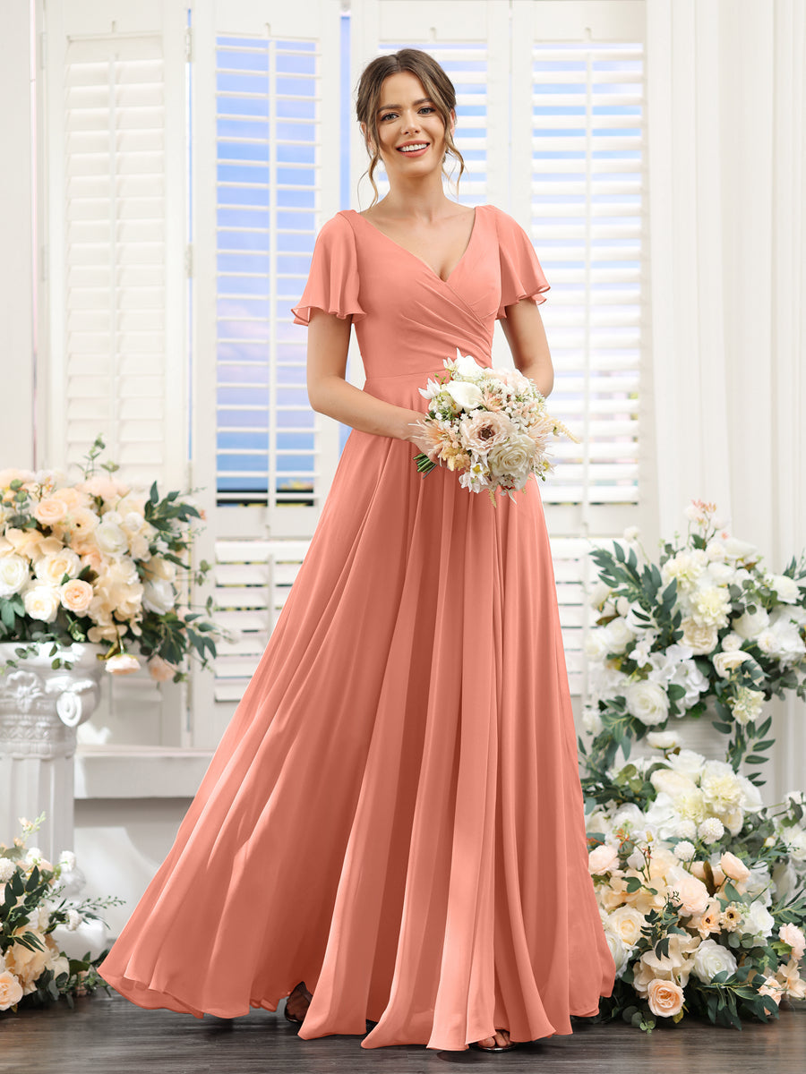 Vestidos de Dama de Honra Em Chiffon com Babados e Mangas Curtas com Decote Em V Evasê