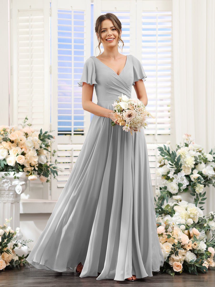 Vestidos de Dama de Honra Em Chiffon com Babados e Mangas Curtas com Decote Em V Evasê