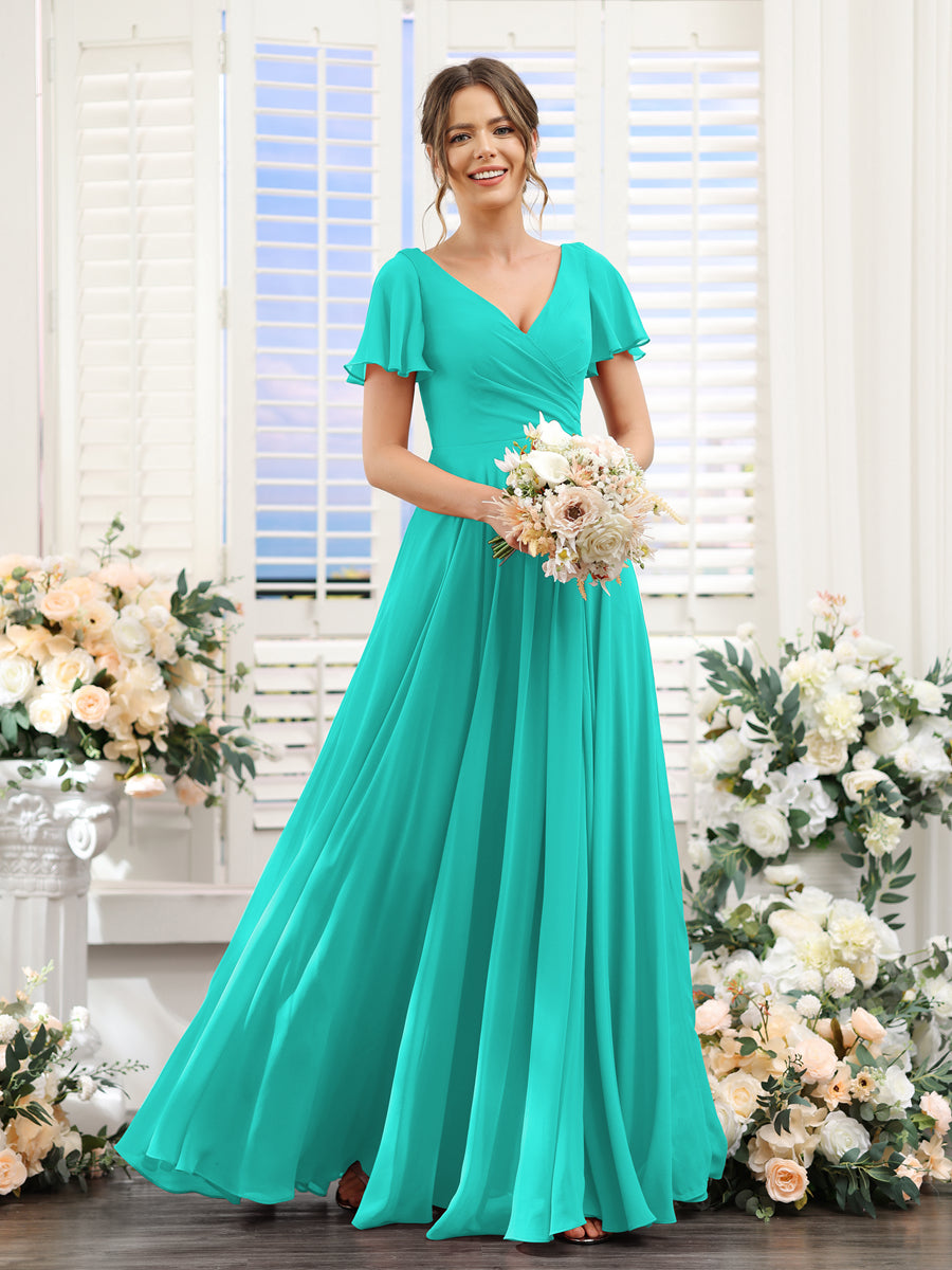 Vestidos de Dama de Honra Em Chiffon com Babados e Mangas Curtas com Decote Em V Evasê