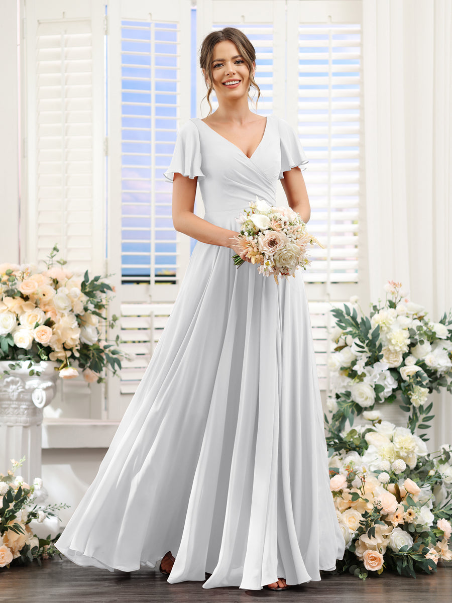 Vestidos de Dama de Honra Em Chiffon com Babados e Mangas Curtas com Decote Em V Evasê