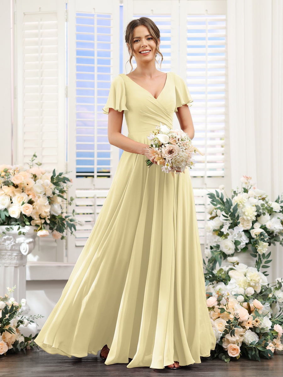 Vestidos de Dama de Honra Em Chiffon com Babados e Mangas Curtas com Decote Em V Evasê