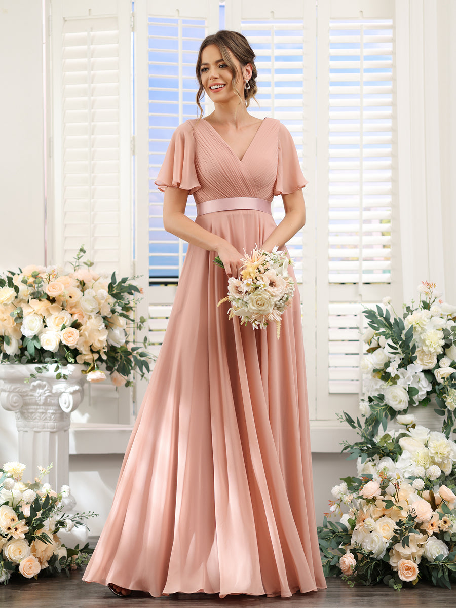 Vestidos de Dama de Honra Em Chiffon com Mangas Curtas e Decote Em V com Bolsos