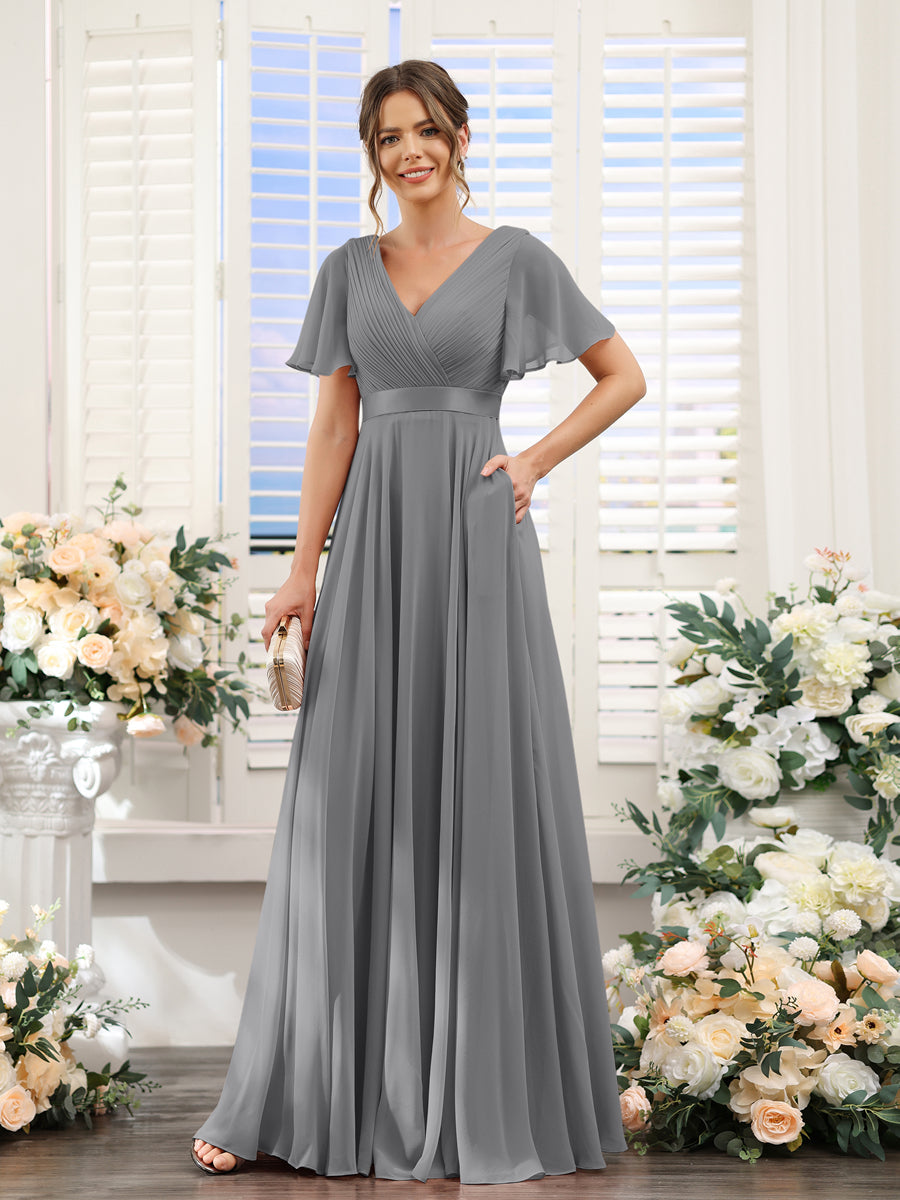 Vestidos de Dama de Honra Em Chiffon com Mangas Curtas e Decote Em V com Bolsos