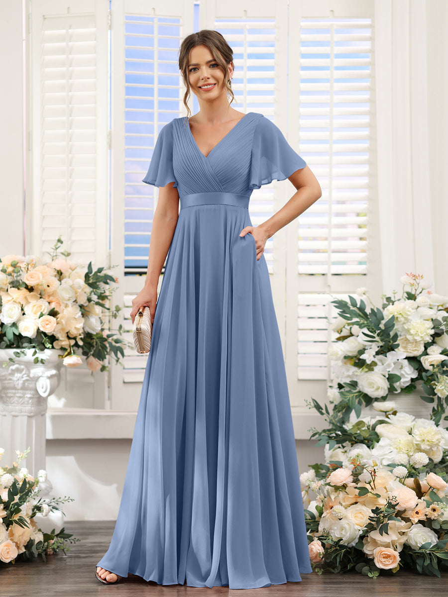 Vestidos de Dama de Honra Em Chiffon com Mangas Curtas e Decote Em V com Bolsos