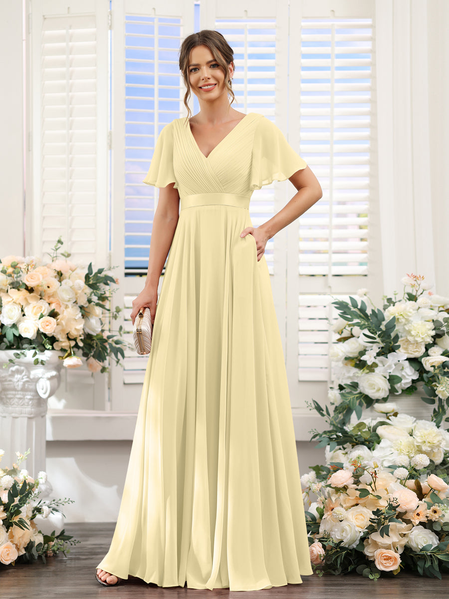 Vestidos de Dama de Honra Em Chiffon com Mangas Curtas e Decote Em V com Bolsos