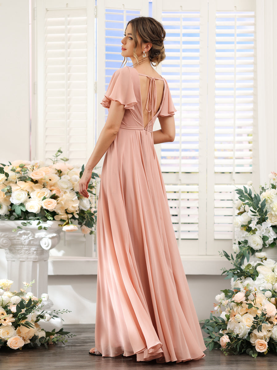 Vestidos de Dama de Honra Em Chiffon com Decote Em V Profundo e Mangas Curtas Divididas