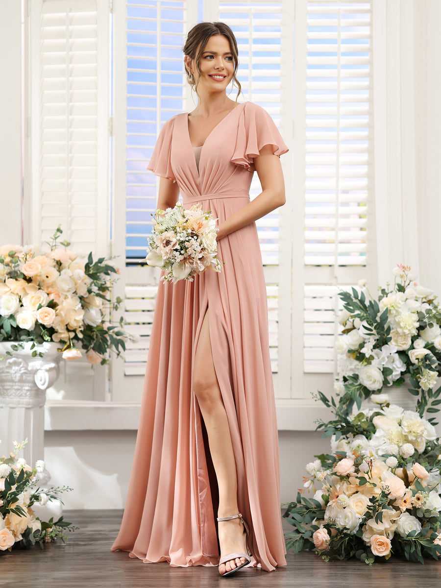 Vestidos de Dama de Honra Em Chiffon com Decote Em V Profundo e Mangas Curtas Divididas