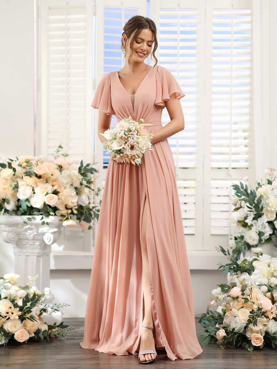 Vestidos de Dama de Honra Em Chiffon com Decote Em V Profundo e Mangas Curtas Divididas