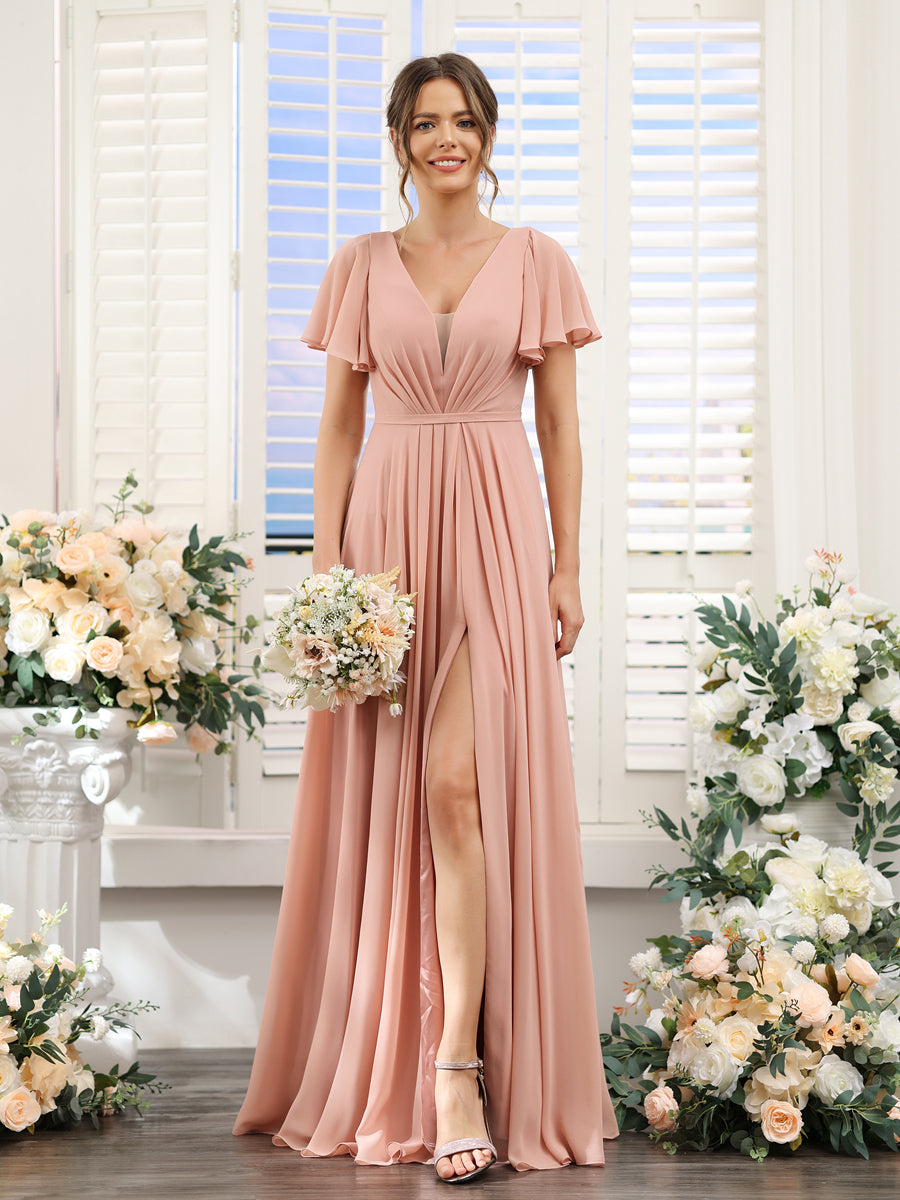 Vestidos de Dama de Honra Em Chiffon com Decote Em V Profundo e Mangas Curtas Divididas
