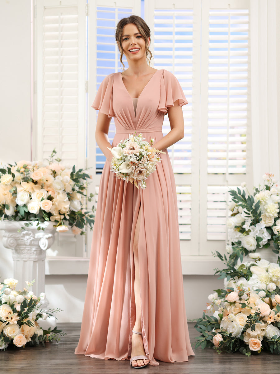 Vestidos de Dama de Honra Em Chiffon com Decote Em V Profundo e Mangas Curtas Divididas