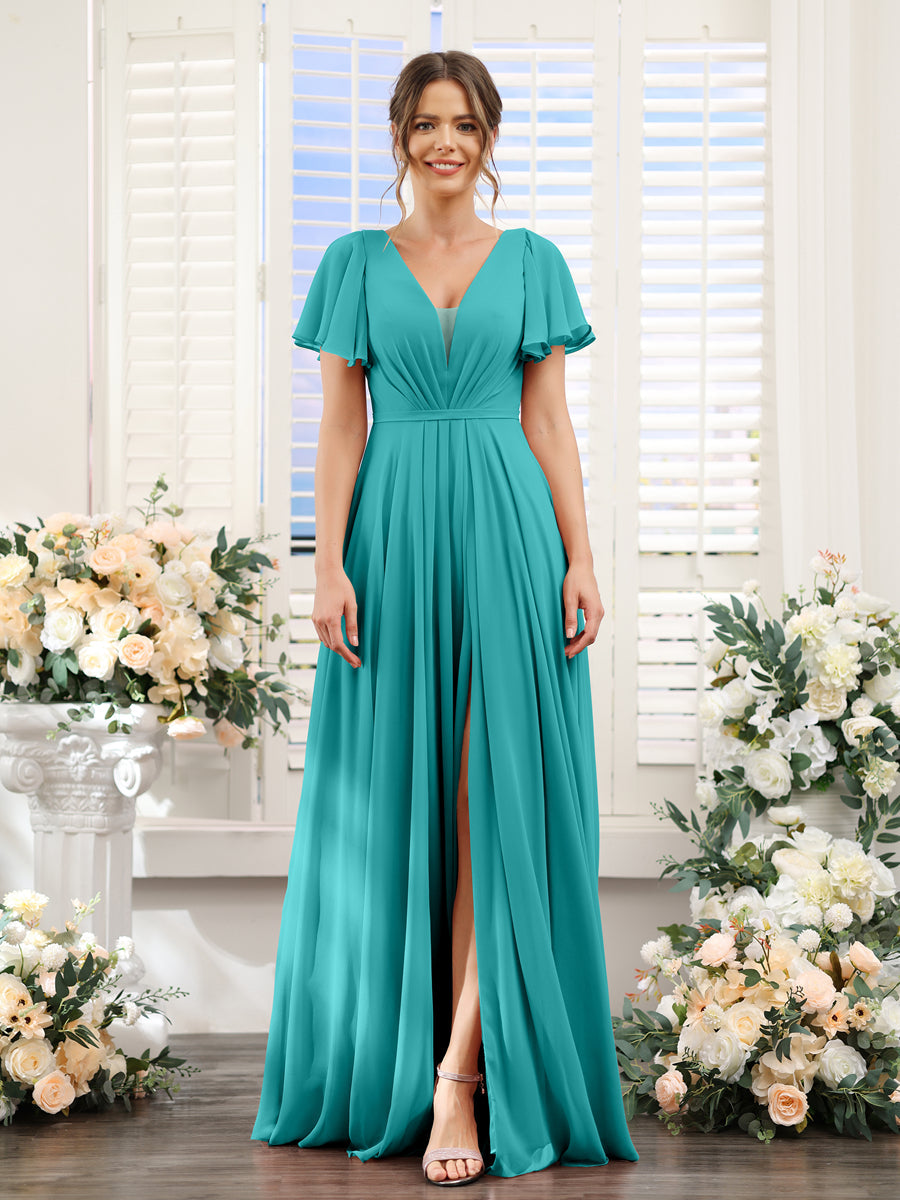 Vestidos de Dama de Honra Em Chiffon com Decote Em V Profundo e Mangas Curtas Divididas