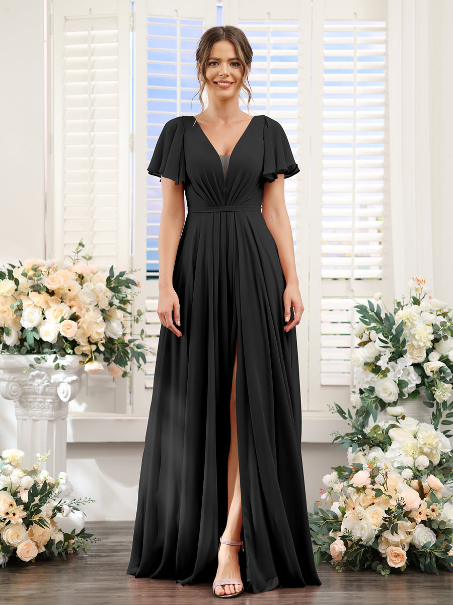 Vestidos de Dama de Honra Em Chiffon com Decote Em V Profundo e Mangas Curtas Divididas
