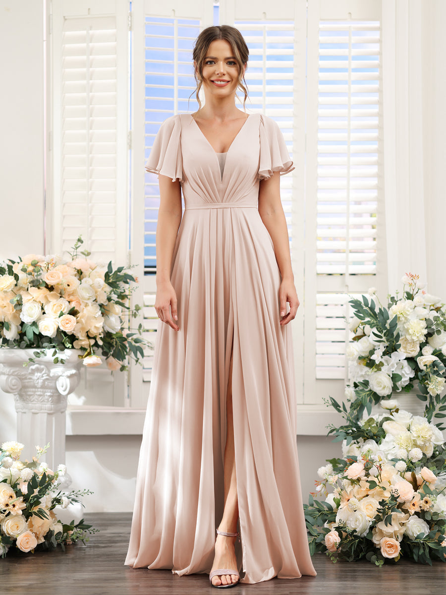 Vestidos de Dama de Honra Em Chiffon com Decote Em V Profundo e Mangas Curtas Divididas
