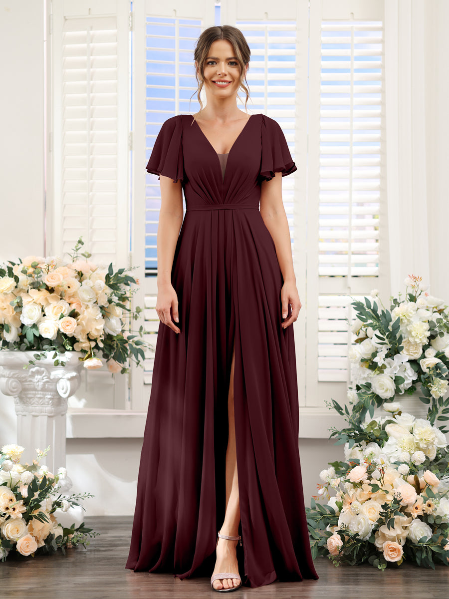 Vestidos de Dama de Honra Em Chiffon com Decote Em V Profundo e Mangas Curtas Divididas