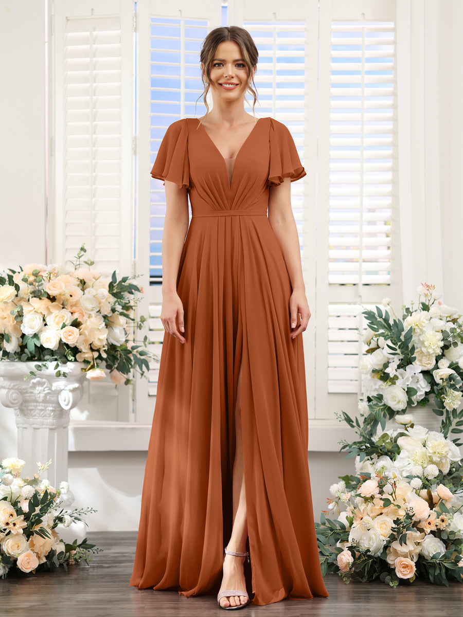 Vestidos de Dama de Honra Em Chiffon com Decote Em V Profundo e Mangas Curtas Divididas