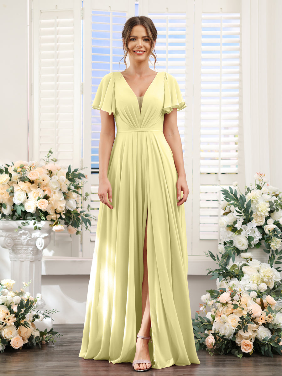 Vestidos de Dama de Honra Em Chiffon com Decote Em V Profundo e Mangas Curtas Divididas