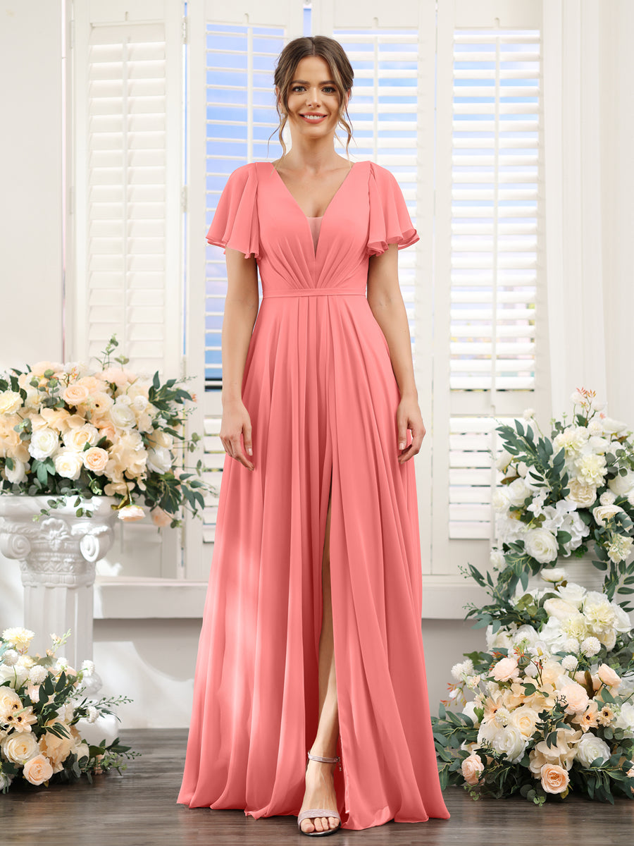 Vestidos de Dama de Honra Em Chiffon com Decote Em V Profundo e Mangas Curtas Divididas