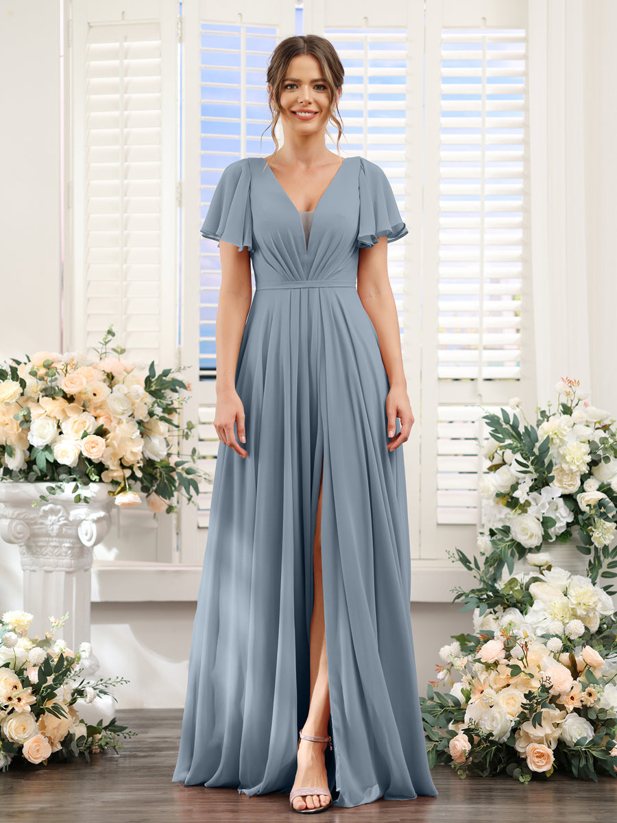 Vestidos de Dama de Honra Em Chiffon com Decote Em V Profundo e Mangas Curtas Divididas