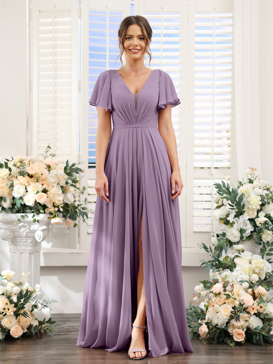 Vestidos de Dama de Honra Em Chiffon com Decote Em V Profundo e Mangas Curtas Divididas