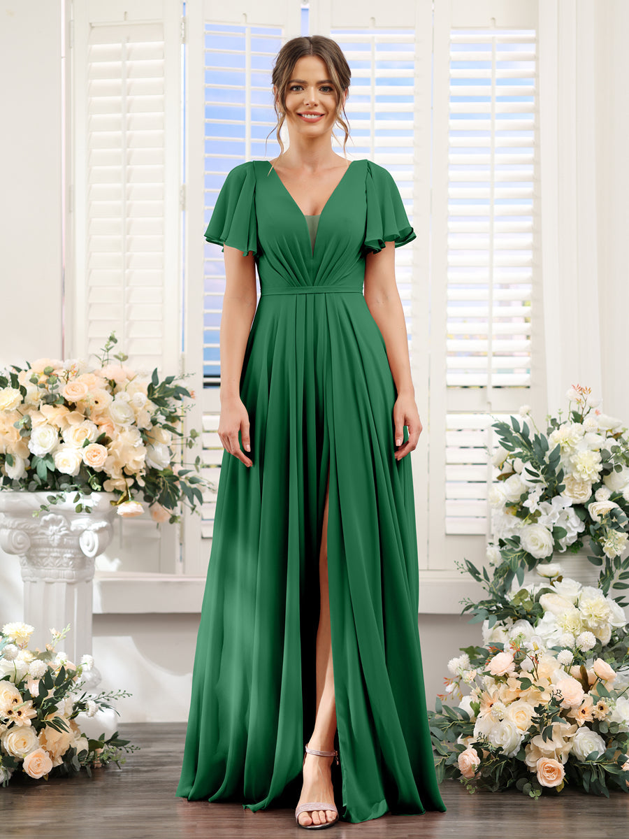 Vestidos de Dama de Honra Em Chiffon com Decote Em V Profundo e Mangas Curtas Divididas